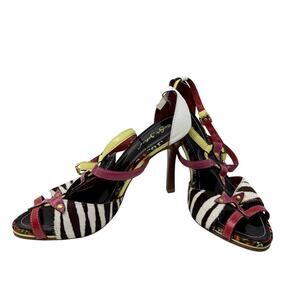 Sergio Zelcer Zebra Pattern Yellow Pink High Heel Shoes Size 7 Handmade DEFECT